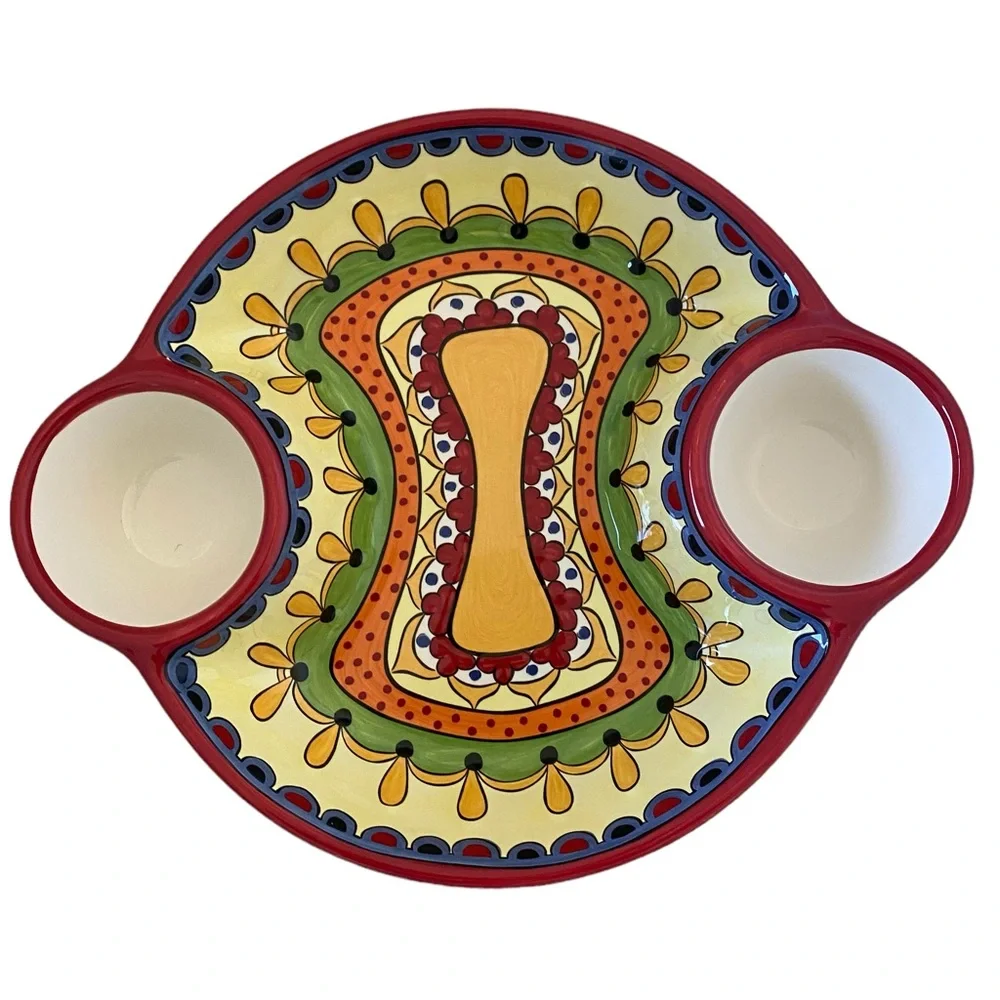 PIER 1 IMPORTS Colorful Ceramic Grenada Chips and Dips Serving Bowl